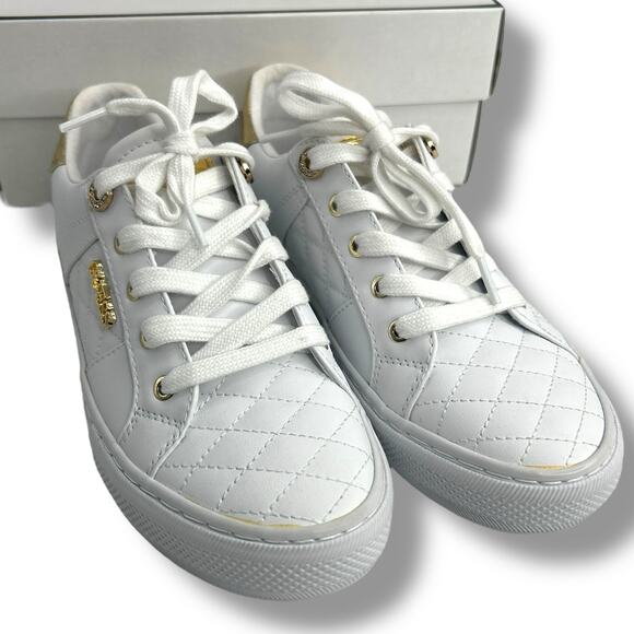 NEW Guess White Sneakers 7.5 Gold Embellished Loven Lace Up Sneakers Quilted - Picture 9 of 13